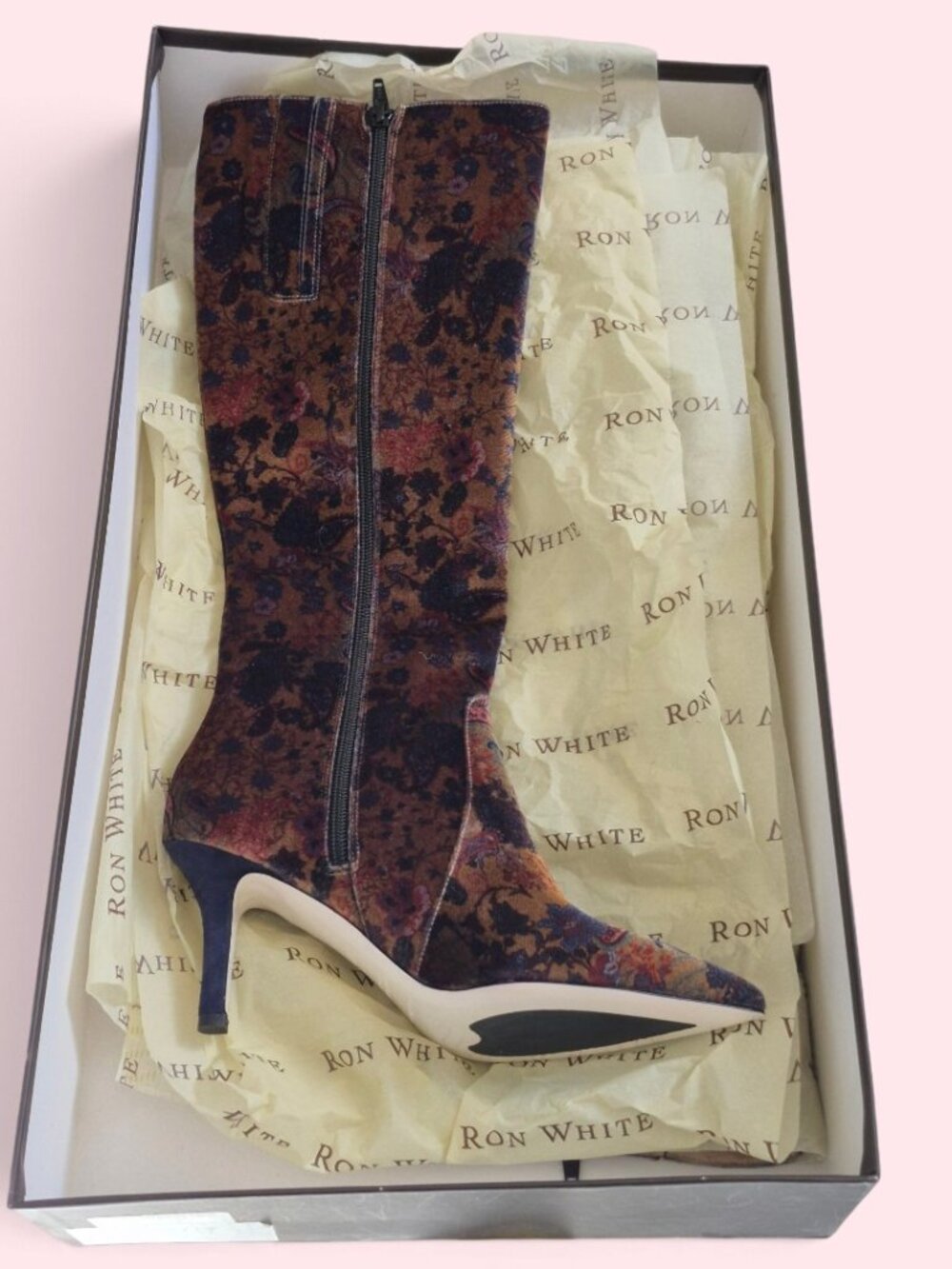 RON WHITE Cher Geisha Printed Velvet Tall Boot Old Gold, Size 37.5